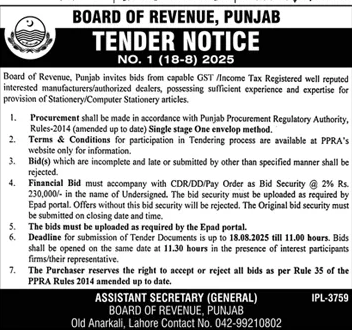 Board of Revenue Lahore Tender Notice